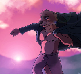 5_fingers anthro blue_eyes bottomwear brown_body brown_claws brown_eyebrows brown_fur brown_nipples brown_nose claws clothing detailed_background eyebrows fingers fur hoodie inner_ear_fluff looking_forward male navel nipples pants solo standing sunrise sweatpants tan_inner_ear_fluff teeth topwear tuft whisker_spots whiskers white_sclera atmac attack_on_titan atmac_(character) mammal mustelid otter river_otter 2021 cel_shading digital_drawing_(artwork) digital_media_(artwork) hi_res shaded
