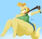 anthro big_breasts blue_sky bottomwear breasts butt clothed clothing female fur midair monotone_bottomwear monotone_clothing monotone_skirt no_underwear pencil_skirt ranged_weapon simple_background skirt sky slingshot solo thick_thighs tongue tongue_out upskirt weapon yellow_body yellow_fur ayotizza animal_crossing nintendo isabelle_(animal_crossing) canid canine canis domestic_dog mammal shih_tzu toy_dog 2020 absurd_res hi_res signature