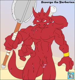 2_penises 4_arms abs anthro axe balls barbarian double_bitted_axe flaccid foreskin genitals holding_object holding_weapon humanoid_genitalia humanoid_penis male melee_weapon multi_arm multi_genitalia multi_limb multi_penis muscular muscular_anthro muscular_male nude partially_retracted_foreskin penis scar solo tail warrior weapon year tooieandkoie monster 2011 digital_media_(artwork)