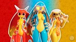 3_eyes anthro blue_body breasts ear_fins featureless_breasts featureless_chest featureless_crotch female fin fin_frill fin_hair frill_(anatomy) front_view gesture glowing glowing_eyes group hand_on_hip hip_sway horn huge_ears looking_at_viewer mandibles markings membrane_(anatomy) multi_eye multicolored_body non-mammal_breasts nude nude_female pattern_background proboscis_(anatomy) pseudo_hair pupils red_body red_eyes scale_markings scales shell simple_background slit_pupils small_waist tentacle_mouth tentacles thin_thighs trio two_tone_body wasp_waist waving waving_at_viewer webbed_hands wide_hips yellow_body yellow_eyes mrlarions electronic_arts maxis_(ea) spore_(game) amphibriella andita prima_(mrlarions) alien 3d_(artwork) digital_media_(artwork) hi_res
