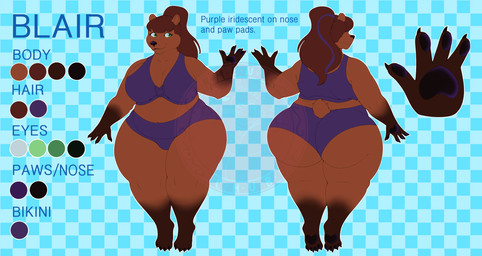 4_fingers anthro bangs bent_arm big_breasts big_butt black_claws black_nose black_pawpads bra breasts brown_body brown_fur brown_hair brown_tail butt checkered checkered_background claws cleavage closed_smile clothed clothed_anthro clothed_female clothing color_swatch curvy_figure female female_anthro finger_claws fingers fluffy fluffy_tail fully_clothed fully_clothed_anthro fully_clothed_female fur green_eyes grey_sclera hair hand_pawpads highlights_(coloring) huge_butt huge_thighs logo long_hair mouth_closed multicolored_hair outline overweight overweight_anthro overweight_female pattern_background pawpads ponytail purple_bra purple_clothing purple_highlights purple_underwear simple_background smile solo tail text thick_thighs toe_claws turnaround two_tone_hair underwear white_outline wide_hipped_anthro wide_hipped_female lyratrchubby blair_(ghijo9) bear brown_bear mammal ursine 2023 artist_logo character_name colored digital_drawing_(artwork) digital_media_(artwork) english_description english_text hi_res model_sheet shaded simple_shading