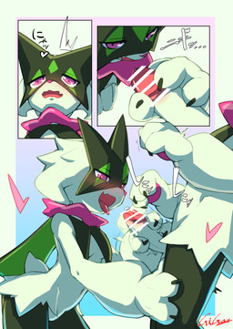 3_fingers anthro blush bodily_fluids breasts censor_bar censored_genitalia censored_penis claws duo female finger_claws fingers flower_(anatomy) fur genital_fluids genitals green_body green_fur green_tail handjob heart_symbol male male/female mask motion_lines open_mouth pawpads paws penile penis pink_eyes pink_nose precum sex tail text tongue tongue_out jimnydaisuki nintendo pokemon generation_9_pokemon meowscarada pokemon_(species) censored hi_res japanese_text