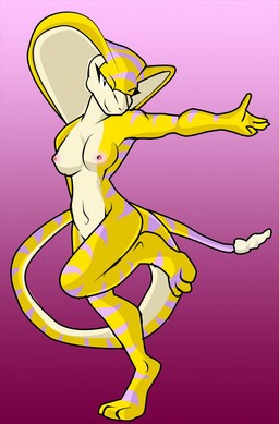 3_toes anthro areola breasts butt feet female gradient_background looking_at_viewer magenta_background markings navel nipples non-mammal_breasts non-mammal_nipples nude on_one_leg one_eye_closed pink_background pose purple_areola purple_markings purple_nipples raised_arm raised_leg raised_tail rattle_(anatomy) scales simple_background smile snake_hood solo standing tail toes wink yellow_body yellow_scales yellow_skin justathereptile vala_(justathereptile) cobra hybrid pit_viper rattlesnake reptile scalie snake viper 2009 digital_media_(artwork) hi_res