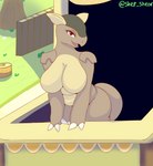 3_fingers absurd_res anthro big_breasts breasts brown_body butt female fingers generation_1_pokemon grass hi_res kangaskhan mammal nintendo plant pokemon pokemon_(species) pokemon_mystery_dungeon sheor solo spike_chunsoft tail thick_thighs tree yellow_body