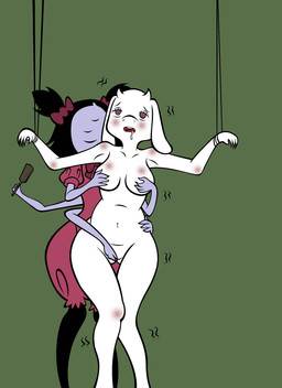 anthro bdsm big_breasts blush bondage bound breasts butt clothed clothing female female/female fondling fur genitals hair hand_on_breast horn kissing mature_female multi_arm multi_eye multi_limb nude open_mouth sex simple_background vulva white_body white_fur reimon-master-ii undertale undertale_(series) muffet toriel animal_humanoid arachnid arachnid_humanoid arthropod arthropod_humanoid humanoid mammal spider spider_humanoid digital_media_(artwork) hi_res