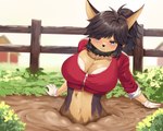 anthro big_breasts black_body black_fur black_hair blue_eyes blush bra breasts cleavage clothed clothing crossgender eyebrow_through_hair eyebrows female fence fur gloves grass hair handwear imminent_death jacket kemono mtf_crossgender mud navel neck_tuft outside partially_submerged plant quicksand sinking solo tan_body tan_fur topwear translucent translucent_hair tuft underwear shirasiyuki bandai_namco klonoa_(series) guntz canid canine canis mammal wolf 5:4