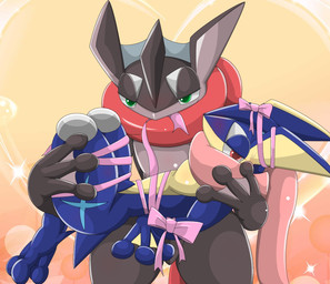 ambiguous/ambiguous ambiguous_gender anthro bdsm bodily_fluids bondage bound duo frogtied green_eyes hands_behind_back holding_character legs_tied red_eyes restrained ribbons sweat type nintendo pokemon generation_6_pokemon greninja pokemon_(species) shiny_pokemon 2015 hi_res