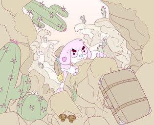 anthro backpack blue_nose cactus chibi climbing closed_smile dot_eyes floppy_ears fur head_tuft male male_anthro mouth_closed outside pink_body pink_fur plant rock simple_eyes smile solo tuft white_body white_fur hardscales canid canine canis domestic_dog mammal hi_res