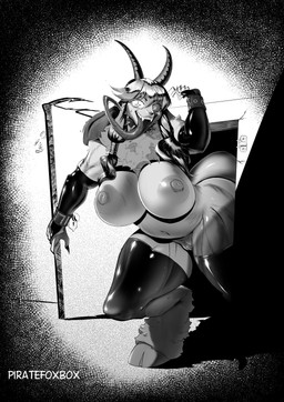 2_horns anthro areola big_areola big_breasts breasts claws clothing doorway fangs female fluffy fluffy_chest fur genitals hair hooves horn huge_breasts legwear long_tongue looking_at_viewer mostly_nude navel nipple_dip nipples sharp_teeth solo standing_in_doorway teeth text thick_thighs thigh_highs tongue tongue_out unguligrade vulva piratefoxbox thea_rosenheim bovid caprine caprine_demon demon goat goat_demon ibex mammal artist_name english_text greyscale hi_res monochrome