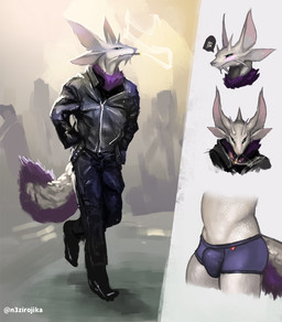 anthro biped black_sclera blush bottomwear bulge cigarette clothed clothing denim denim_bottomwear denim_clothing fur head_crest jacket jeans leather leather_clothing leather_jacket leather_topwear male neck_tuft pants purple_body purple_fur scales solo topwear tuft underwear white_body white_scales nezirozi capcom monster_hunter leviathan_(mh) mizutsune 2021 digital_media_(artwork)