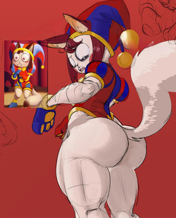 alternate_species anthro big_butt butt female handpaw jester long_tail muscular muscular_thighs paws shocked solo tail thick_thighs white_body milktooth smashmeat glitch_productions the_amazing_digital_circus pomni_(tadc) domestic_cat felid feline felis mammal absurd_res hi_res source_request