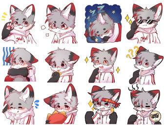 anthro big_eyes biped clothing cute_fangs fangs fur grey_body grey_fur hoodie kemono kerchief male red_eyes red_kerchief slim_anthro slim_male solo star sticker_pack teeth topwear white_body white_clothing white_fur white_hoodie white_topwear hlg7777 canid canine fox mammal 2020 animated hi_res
