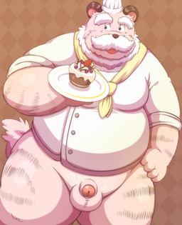 anthro balls belly cake dessert flaccid food foreskin genitals humanoid_genitalia humanoid_hands humanoid_penis male overweight overweight_anthro overweight_male partially_retracted_foreskin penis simple_background solo lako felid mammal pantherine tiger 2015 hi_res