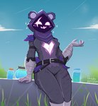 anthro armor belt clothed clothing eye_scar facial_scar female gauntlets glistening glistening_body gloves handwear hood scar shadow_face solo dawciday epic_games fortnite raven_team_leader bear mammal ursine hi_res