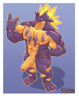 3_fingers 3_toes abs anthro balls barazoku biceps big_muscles black_eyes erection feet fingers foreskin genitals hand_on_hip humanoid_genitalia humanoid_penis looking_at_viewer male multicolored_body muscular muscular_anthro muscular_male nipples nude nude_anthro nude_male pecs penis purple_body simple_background solo toes tongue tongue_out two_tone_body yellow_balls yellow_body yellow_penis ougon nintendo pokemon amped_toxtricity generation_8_pokemon pokemon_(species) toxtricity digital_media_(artwork) hi_res