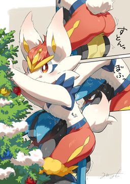 amber_eyes anthro black_body black_fur blue_body blue_fur blush bodily_fluids butt carrying_another christmas_decorations christmas_ornament christmas_tree duo embarrassed female fur holidays male multicolored_body multicolored_fur piggyback plant red_body red_fur scut_tail short_tail simple_background sweat tail tongue tongue_out tree white_body white_fur yellow_body yellow_fur minamo_(pixiv17726065) christmas nintendo pokemon cinderace generation_4_pokemon generation_8_pokemon lucario pokemon_(species) absurd_res hi_res