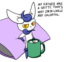 ambiguous_gender beverage candy chocolate container cup dessert food fur hot_chocolate looking_at_viewer marshmallow orange_eyes pillow simple_background solo text white_background white_body white_fur yellow_sclera greyvested nintendo pokemon generation_6_pokemon meowstic pokemon_(species) aliasing digital_media_(artwork) english_text hi_res