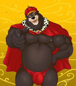 anthro biceps brown_body brown_fur bulge cape clothing crown fangs fur gesture hand_gesture hand_on_hip headgear king male musclegut muscular muscular_arms muscular_male nipples open_mouth pecs pointing royalty sharp_teeth solo teeth thong underwear yellow_sclera jabuhusky ben_10 cartoon_network yawk bear mammal hi_res
