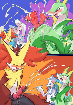 anthro balls biped blush bodily_fluids comparing comparing_penis competition cum erection feral front_view genital_fluids genitals group male nude nude_anthro nude_male penis simple_background smile standing teeth tongue trio tenebscuro nintendo pokemon delphox generation_5_pokemon generation_6_pokemon generation_7_pokemon pokemon_(species) primarina serperior 2026 comic digital_drawing_(artwork) digital_media_(artwork) hi_res
