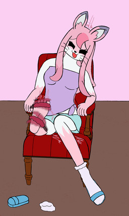 anthro chair clothed clothing feet female footwear front_view fully_clothed fur furniture hair on_chair pink_body pink_fur pink_hair sandals shoes simple_background sitting sitting_on_chair socks socks_with_sandals solo tickling tickling_feet ticklebunny brand_new_animal studio_trigger nazuna_hiwatashi canid canine fox mammal 3:5 absurd_res hi_res