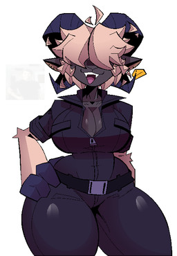 anthro belt belt_buckle big_breasts black_body bottomwear breasts buckle cleavage clothed clothing ear_piercing ear_tag female hair hair_over_eyes hand_on_hip horn multicolored_body open_mouth pants piercing rolled_up_sleeves shirt small_waist smile solo standing thick_thighs topwear two_tone_body white_body white_hair wide_hips zipper xexeezy jerma985 sparkle_on ines_(xexeezy) jeremy_harrington bovid caprine mammal sheep