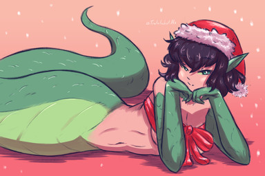 apode breasts clothing female green_body green_scales hair hat headgear headwear holidays humanoid_pointy_ears legless looking_at_viewer navel pointy_ears scales serpentine simple_background smile snow solo split_form uniped trololohstuffs christmas draconcopode lamia reptile scalie snake 2021 3:2 hi_res