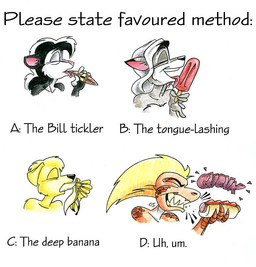 ambiguous_gender anthro banana cigar danger eyes_closed food food_fetish fruit group hot_dog humor penis_bite plant popsicle simple_background solo_focus suggestive suggestive_food text white_background unknown_artist canid canine canis domestic_dog lizard mammal mephitid reptile scalie skunk wolf bust_portrait english_text portrait traditional_media_(artwork)
