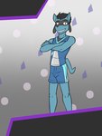 3:4 abstract_background anthro anthrofied bottomwear clothed clothing fully_clothed fuze generation_4_pokemon hi_res male nintendo pokemon pokemon_(species) pokemorph riolu shirt shorts skyler_(fuze) solo tank_top topwear