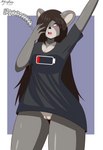 anthro blush bottomless brown_hair clothed clothing female genitals grey_body hair long_hair long_shirt low_battery multicolored_body open_mouth pussy shirt simple_background solo tired topwear two_tone_body yawn flyingtrace lilith_(neondonut) koala mammal marsupial vombatiform 2023 digital_media_(artwork) hi_res signature