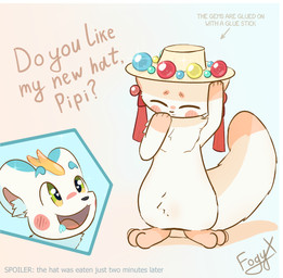 ambiguous_gender blue_markings blush bodily_fluids clothing duo eyes_closed feral fluffy fluffy_chest fur gem hat headgear headwear heart_catchlight horn inner_ear_fluff markings pearl_(gem) saliva simple_background tail tassels text tuft white_body white_fur white_tail yellow_horn fogyx fabulous_beasts mythology tianlu_(fabulous_beasts) tubaoshu_(fabulous_beasts) herpestid mammal mongoose mythological_creature pixiu digital_media_(artwork) english_text signature