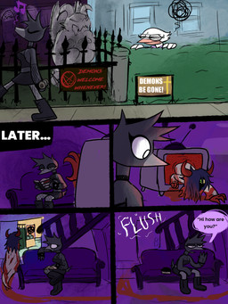 alternative_fashion annoyed anthro armwear bathroom black_body black_clothing black_fur blood blood_trail bodily_fluids book cathode_ray_tube choker christian_cross christian_symbol clothed clothed_anthro clothed_female clothing collar crawling cross dialogue electronics female fishnet_armwear fishnet_clothing fishnet_legwear frown fully_clothed fully_clothed_anthro fully_clothed_female fur gargoyle_statue gothic_architecture group inside jewelry legwear musical_note musical_symbol necklace outside punk reading reading_book religion religious_symbol scowl sign speech_bubble stairs static symbol television text trail trio whistling wrought_iron happyroadkill christianity deborah_dove vixen_"fuck-alliteration"_raven avian bird columbid corvid corvus_(genus) demon dove oscine passerine raven absurd_res comic english_text hi_res multiple_scenes trans_(lore) trans_woman_(lore)