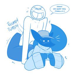 anthro blue_body blush bodily_fluids bottomless breasts clothed clothing crossgender dialogue duo female female_on_human from_behind_position genitals grin hat headgear headwear hot_dogging human_on_anthro interspecies male male/female male_on_anthro penis sex smile sound_effects speech_bubble surprised sweat sweater text topwear kilinah anon kali_(kilinah) canid canine fox human mammal blue_and_white english_text hi_res monochrome