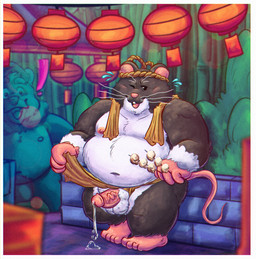 anthro asian_clothing balls belly big_belly black_body black_fur blush bodily_fluids clothing cum duo east_asian_clothing erection exclamation_point fundoshi fur genital_fluids genitals japanese_clothing male moobs navel nipples one_eye_closed open_mouth overweight overweight_male penis pink_nose standing towel towel_around_neck underwear white_body white_fur wink 06betos11 nairi:_tower_of_shirin nairi_(series) rex_(nairi) bear mammal murid murine rat rodent 2025 hi_res