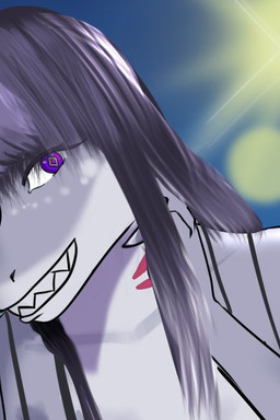 anthro black_hair female gills grey_body hair happy purple_eyes shark_teeth solo makermetzu cavemanon_studios snoot_game daniela_sanchez fan_character aquatic fish shark unfinished trans_(lore) trans_woman_(lore)
