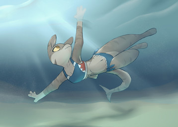 anthro bikini brown_body clothing female flat_chested sea skinny small_waist solo striped_body stripes swimwear two-piece_swimsuit water yellow_eyes =djoyk= hololive hololive_en vtuber gawr_gura aquatic fish shark hi_res