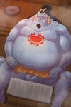 balls belly big_belly blue_body blush bodily_fluids clock detailed_background eyes_closed flaccid genitals kemono male moobs overweight overweight_male penis sauna sitting solo sweat towel sakusan_kc one_piece jinbe fish-men_(one_piece) marine 2024 2:3 absurd_res hi_res