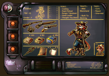 anthro beverage clothing coffee coffee_mug cowboy cowboy_hat cowboy_outfit eyewear female food glasses gun handgun hat headgear headwear lever_action_rifle lever_action_shotgun mre pip-boy ranged_weapon revolver solo text weapon wearing_glasses unusualmoondemon fallout microsoft nintendo pokemon kai_mew-(character) rose_of_sharon_cassidy generation_1_pokemon legendary_pokemon mew_(pokemon) pokemon_(species) vulpix english_text hi_res model_sheet