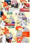 2017 absurd_res anthro blush canid canine clothed clothing comic dialogue disney drunk english_text exclamation_point female food fox heart_symbol hi_res judy_hopps kissing lagomorph leporid male mammal nick_wilde pasta peanut.k rabbit red_fox spaghetti speech_bubble substance_intoxication text true_fox zootopia