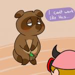 anthro balls big_balls blush convenient_censorship dialogue duo embarrassed exposed fig_leaf genitals leaf male nude overweight penis small_penis solo_focus text nishi_oxnard animal_crossing nintendo tom_nook_(animal_crossing) canid canine mammal raccoon_dog tanuki 1:1 english_text source_request