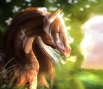 ambiguous_gender blurred_background brown_body brown_mane eyelashes feral green_eyes mane mouth_closed outside solo white_body white_mane scarlanya equid equine horse mammal 2018 dated signature female_(lore)