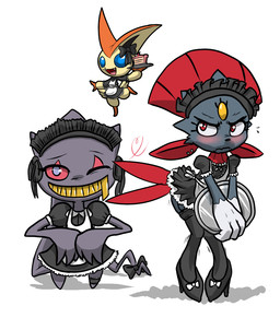 accessory alternative_fashion ambiguous_gender blue_eyes blush body_zipper bonnet bow_(feature) bow_accessory bow_ribbon butt_wings cake claws clothed clothing dessert dress facial_markings fangs feral food footwear frown fur furgonomics garter goth gothic_lolita group hair_accessory hair_bow hair_ribbon hat head_markings headgear headwear high_heels j-fashion legwear lolita_(fashion) lolita_dress looking_at_viewer maid_uniform markings one_eye_closed open_mouth pose purple_eyes red_eyes ribbons shoes simple_background smile standing stockings tail tail_accessory tail_bow tail_ribbon teeth tongue topwear uniform unusual_wing_placement vest wings wink zipper zipper_mouth conditional_dnp teckworks nintendo pokemon banette generation_3_pokemon generation_4_pokemon generation_5_pokemon ghost humanoid legendary_pokemon pokemon_(species) spirit victini weavile 2013