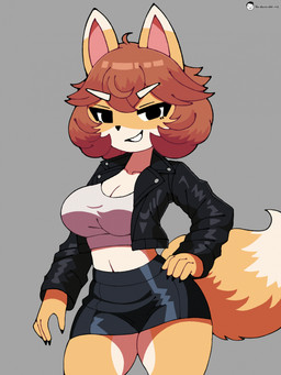 anthro bodily_fluids bottomwear breasts brown_hair claws cleavage clothed clothing collarbone crop_top dipstick_ears ear_markings eyebrows female fingers fur hair hand_on_hip jacket leather leather_bottomwear leather_clothing leather_jacket leather_skirt leather_topwear looking_at_viewer midriff multicolored_ears navel shirt short_hair simple_background skirt smile solo tail text thick_thighs topwear white_eyebrows voider_(artist) bully_fox canid canine fox mammal 2026 artist_name digital_media_(artwork) hi_res signature
