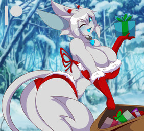 anthro big_breasts blue_sclera breasts butt cleavage clothed clothing collar female forest gift heart_symbol holidays looking_at_viewer one_eye_closed open_mouth plant sack smile smiling_at_viewer snow solo tail tree wink winter mastergodai christmas mythology dragon hybrid mythological_creature mythological_scalie scalie