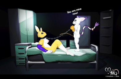 anthro areola bed black_sclera blue_eyes bodily_fluids bound breasts chain chain_leash chained clothing collar dominant duo female female/female fur furniture genital_fluids golden_shower handwear leash lying lying_on_bed nipples nude on_back on_bed peeing peeing_on_another spread_legs spreading submissive text urine urine_stream watersports white_body white_fur yellow_body yellow_fur mynka bandai_namco digimon digimon_(species) gatomon renamon digital_media_(artwork) english_text hi_res