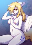 anthro areola blonde_hair breasts chest_tuft cutie_mark ear_tuft feathered_wings feathers female hair horn inner_ear_fluff long_hair navel nipples nude pink_nipples solo tail tuft wings yellow_eyes yellow_tail swaybat hasbro my_little_pony mythology fan_character star_nai equid equine mammal mythological_creature mythological_equine winged_unicorn hi_res