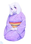 anthro asian_clothing clothing east_asian_clothing eyebrows eyelashes female fur hands_on_lap horn japanese_clothing kemono kimono kneeling looking_at_viewer obi obijime purple_eyes seiza sitting solo white_body white_fur aruurara undertale undertale_(series) toriel boss_monster_(undertale) bovid caprine goat mammal 2024 hi_res signature