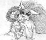 areola breasts collar duo felid feline female fur graphite_(artwork) hair licking licking_another licking_tongue long_hair looking_at_viewer mammal marudi monochrome multi_breast nipples nude_female smile tongue tongue_out traditional_media_(artwork)