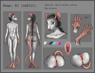 5_fingers 5_toes andromorph anthro anus areola barbell_piercing big_clitoris big_ears biped black_hair blue_eyes border butt christina_piercing claws clitoral_hood clitoral_urethra clitoris cybernetics cyberpunk digitigrade ear_piercing erect_clitoris erection eyelashes feet fingers flat_chested fur genital_piercing genitals grey_body grey_border grey_fur hair incisors intersex lengthened_urethra long_tail machine mouth_closed navel navel_piercing nipple_piercing nipples nude piercing pink_areola pink_ears pink_feet pink_hands pink_nipples pink_nose pink_paws pink_tail pink_vulva pubes simple_background soles solo spreading standing tail teeth text toes urethra usb_port vulva vulva_piercing whiskers white_body white_claws white_fur white_whiskers himeragoldtail b3_(ashnurazg) cyborg mammal mouse murid murine rodent woolly_mouse 2025 absurd_res hi_res model_sheet nonbinary_(lore)