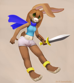 anklet anthro barefoot biped breasts brown_background brown_body brown_fur brown_hair clothed clothing feet female fur green_eyes hair holding_melee_weapon holding_object holding_sword holding_weapon jewelry looking_at_viewer melee_weapon midriff scarf simple_background smile solo standing sword teeth weapon jamesfoxbr hare lagomorph leporid mammal rabbit 2013 colored digital_media_(artwork) hi_res