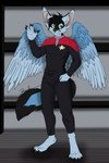 anthro black_hair blue_body blue_fur claws clothing feathers fingerpads fur green_eyes hair looking_at_viewer male pawpads simple_background smile smiling_at_viewer solo tail toe_claws uniform voyager_(spacecraft) whiskers wings deerwalker star_trek dracony_windfall canid canine fennec_fox fox mammal true_fox 2:3 hi_res